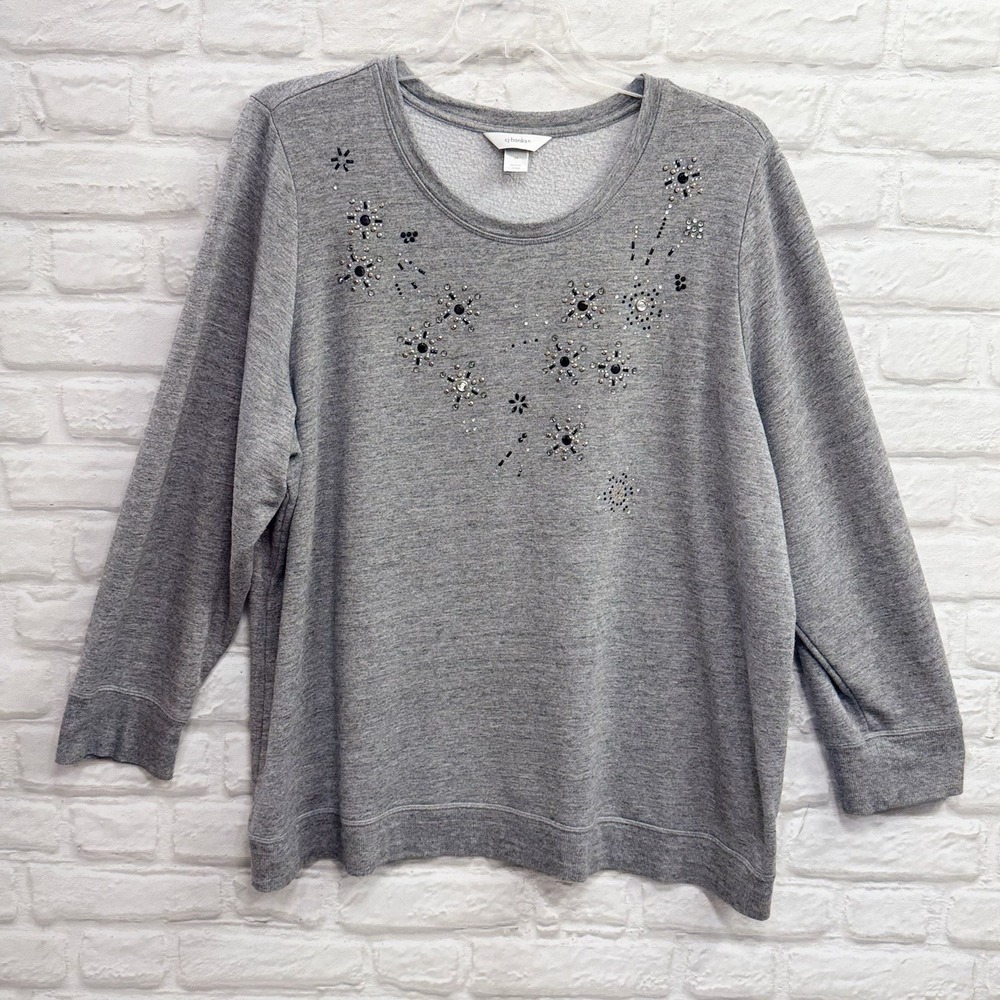 CJ Banks Women's 3X Sweatshirt Rhinestone Embellished Snowflake Heather Gray Top
